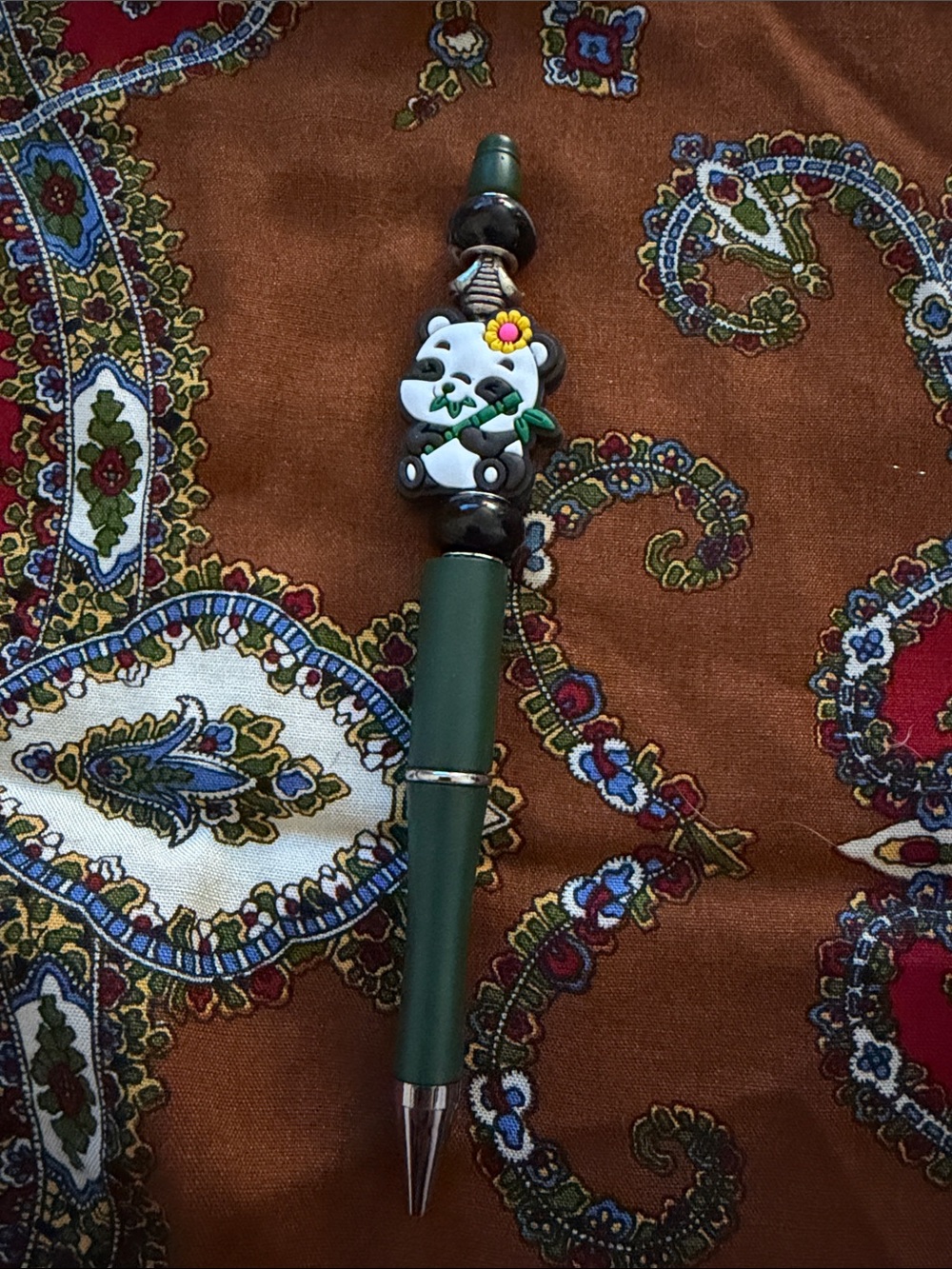 Green Beaded Panda Pen with Flower Accent